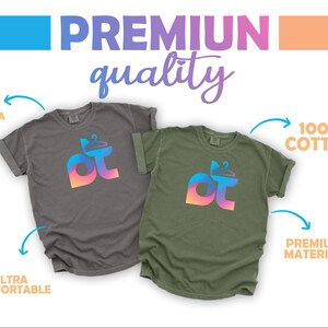 May include: Two t-shirts, one charcoal gray and one olive green, are displayed. Each shirt features a colorful logo and the text "PREMIUM quality". The image highlights the shirts' features: "PRINTED IN AMERICA", "100% COTTON", "ULTRA COMFORTABLE", and "PREMIUM MATERIAL".