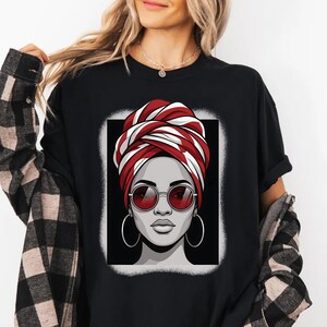 Confident Woman Headwrap T-Shirt, Bold Red Sunglasses Graphic Design, Chic Lady Portrait Apparel, Unique Fashion Statement Tee