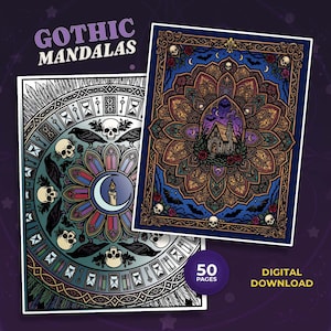以下が含まれることがあります： GOTHIC MANDALASと50 PAGES DIGITAL DOWNLOADの文字が書かれた2枚の長方形の塗り絵ページ。1枚は頭蓋骨、カラス、砂時計が描かれたモノクロのマンダラ。もう1枚は家、コウモリ、頭蓋骨が描かれたカラーのマンダラです。