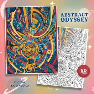 May include: A digital colouring book titled Abstract Odyssey featuring 50 pages of intricate, swirling patterns in vibrant shades of blue, orange, yellow, and red, displayed alongside a black and white line art version of the same complex design.