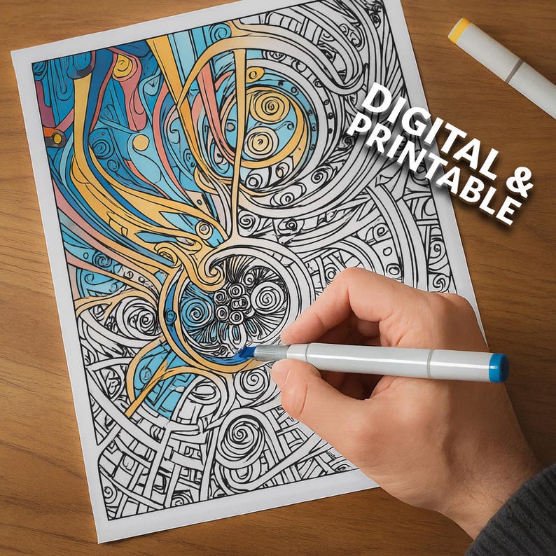 May include: A person coloring a detailed abstract design with blue and yellow markers. The artwork is a digital and printable coloring page with intricate patterns and swirls. The text "DIGITAL & PRINTABLE" is visible.