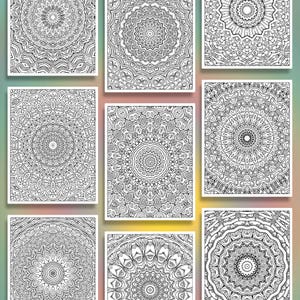 Puede incluir: Una colecci&oacute;n de ocho p&aacute;ginas rectangulares para colorear con intrincados dise&ntilde;os de mandalas en blanco y negro. Cada p&aacute;gina muestra un patr&oacute;n circular sim&eacute;trico &uacute;nico con formas geom&eacute;tricas detalladas, motivos florales y l&iacute;neas finas.