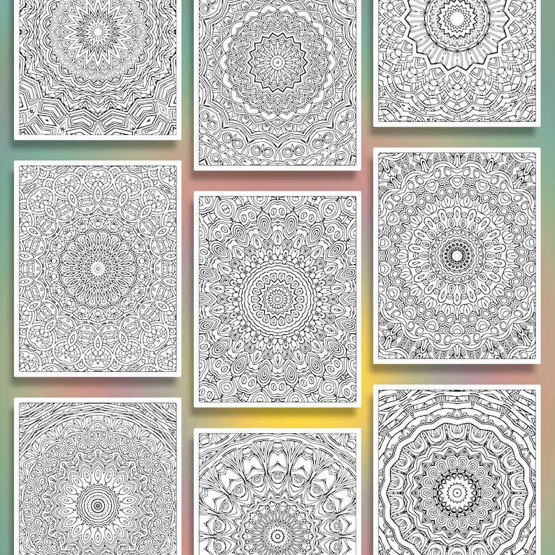 Puede incluir: Una colecci&oacute;n de ocho p&aacute;ginas rectangulares para colorear con intrincados dise&ntilde;os de mandalas en blanco y negro. Cada p&aacute;gina muestra un patr&oacute;n circular sim&eacute;trico &uacute;nico con formas geom&eacute;tricas detalladas, motivos florales y l&iacute;neas finas.