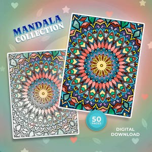 Puede incluir: Una colecci&oacute;n de descarga digital de p&aacute;ginas para colorear de mandalas con dos hojas rectangulares con patrones circulares intrincados. Una hoja est&aacute; completamente coloreada en tonos rosa, turquesa y azul, mientras que la otra es un dibujo lineal en blanco y negro. El texto dice MANDALA COLLECTION y 50 PAGES.