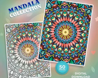 50 páginas para colorear de mandalas: diseños intrincados, alivio del estrés (PDF y PNG)