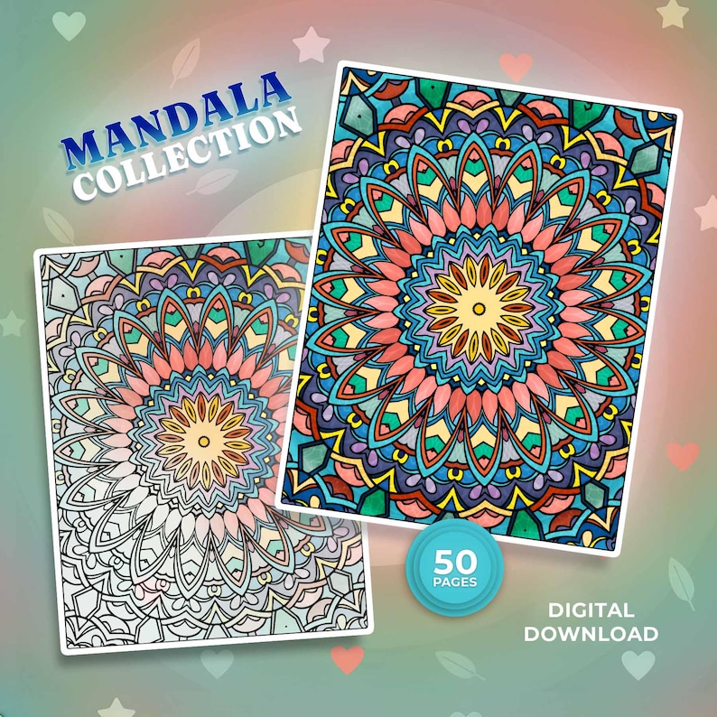 Puede incluir: Una colecci&oacute;n de descarga digital de p&aacute;ginas para colorear de mandalas con dos hojas rectangulares con patrones circulares intrincados. Una hoja est&aacute; completamente coloreada en tonos rosa, turquesa y azul, mientras que la otra es un dibujo lineal en blanco y negro. El texto dice MANDALA COLLECTION y 50 PAGES.