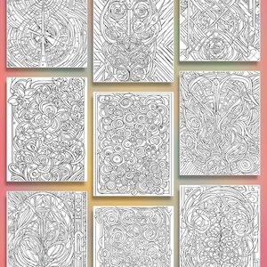 May include: A collection of nine black and white adult coloring book pages. Each page features intricate, abstract designs with geometric shapes, floral patterns, and swirling lines. The pages are arranged on a pink background.