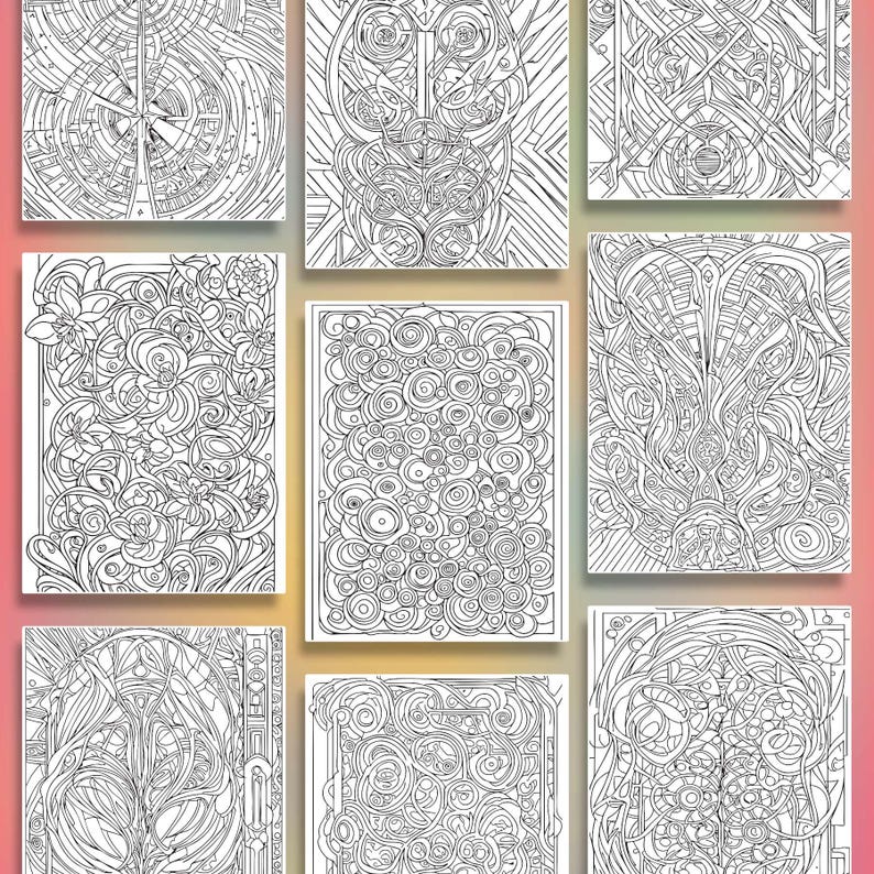 May include: A collection of nine black and white adult coloring book pages. Each page features intricate, abstract designs with geometric shapes, floral patterns, and swirling lines. The pages are arranged on a pink background.