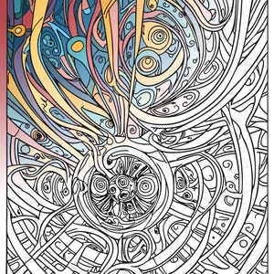 May include: Abstract art print with a complex design. The artwork features a combination of swirling lines, geometric shapes, and a vibrant color palette of blues, yellows, and pinks. The overall composition is intricate and visually engaging.