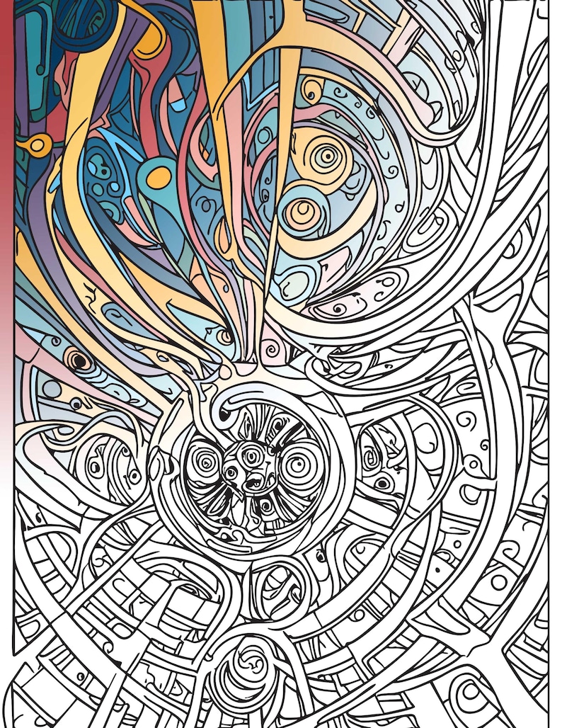 May include: Abstract art print with a complex design. The artwork features a combination of swirling lines, geometric shapes, and a vibrant color palette of blues, yellows, and pinks. The overall composition is intricate and visually engaging.
