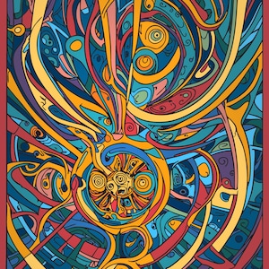 May include: Abstract art print with a vibrant mix of colors. The artwork features swirling lines and shapes in shades of blue, yellow, orange, red, and purple. The design has a dynamic, energetic feel, with a red border.
