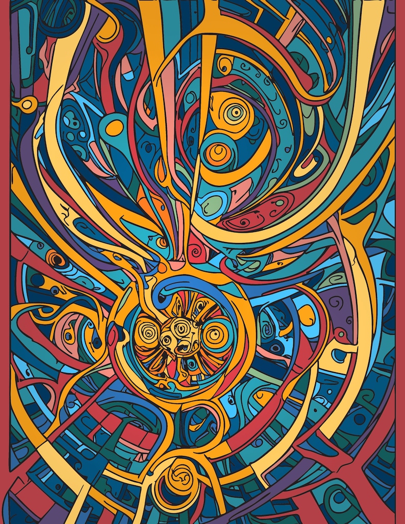 May include: Abstract art print with a vibrant mix of colors. The artwork features swirling lines and shapes in shades of blue, yellow, orange, red, and purple. The design has a dynamic, energetic feel, with a red border.