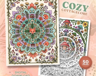 50 páginas para colorear de mandalas estilo cottagecore, diseños de hadas con setas (descarga digital)