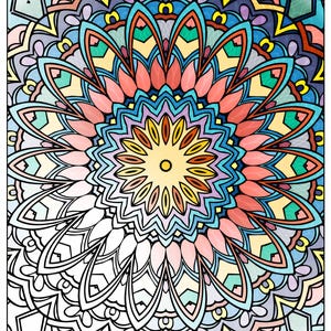 Puede incluir: Un patr&oacute;n de mandala circular que presenta un degradado de colores vibrantes en la mitad superior, pasando por tonos azules, naranjas y amarillos, hacia un dise&ntilde;o de l&iacute;neas en blanco y negro en la mitad inferior, compuesto por p&eacute;talos florales.