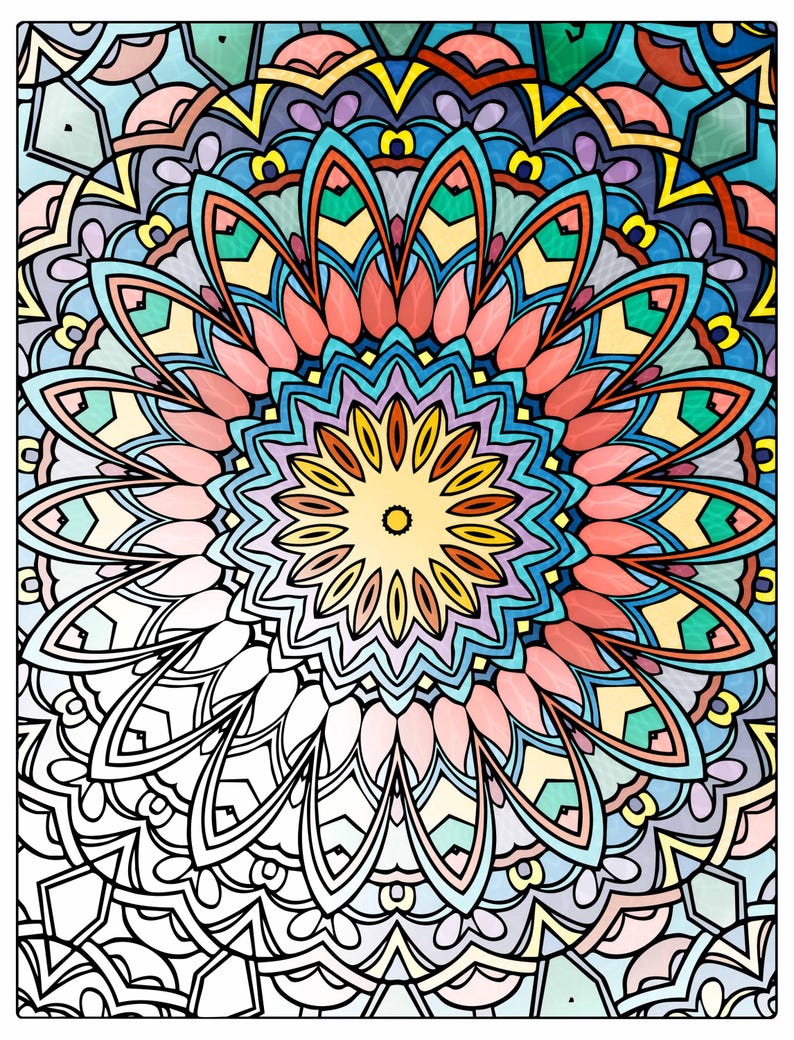 Puede incluir: Un patr&oacute;n de mandala circular que presenta un degradado de colores vibrantes en la mitad superior, pasando por tonos azules, naranjas y amarillos, hacia un dise&ntilde;o de l&iacute;neas en blanco y negro en la mitad inferior, compuesto por p&eacute;talos florales.