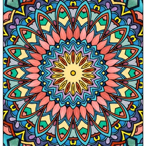 Puede incluir: Una colorida ilustraci&oacute;n de mandala que presenta un c&iacute;rculo central amarillo rodeado por capas conc&eacute;ntricas de p&eacute;talos sim&eacute;tricos y formas geom&eacute;tricas en tonos azul, coral, verde azulado, morado y amarillo con contornos negros marcados.