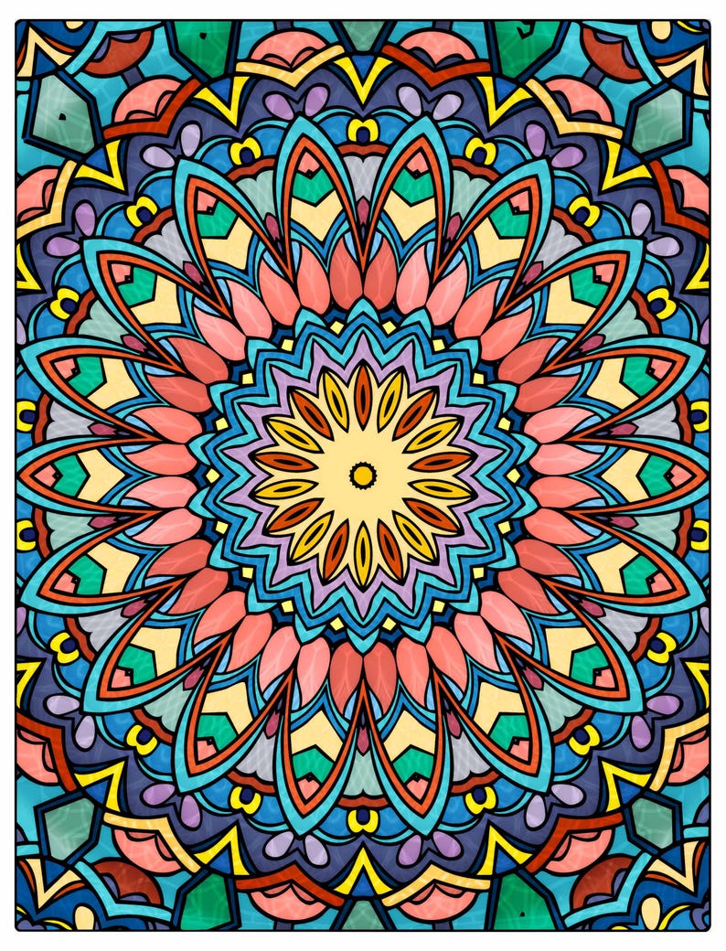 Puede incluir: Una colorida ilustraci&oacute;n de mandala que presenta un c&iacute;rculo central amarillo rodeado por capas conc&eacute;ntricas de p&eacute;talos sim&eacute;tricos y formas geom&eacute;tricas en tonos azul, coral, verde azulado, morado y amarillo con contornos negros marcados.