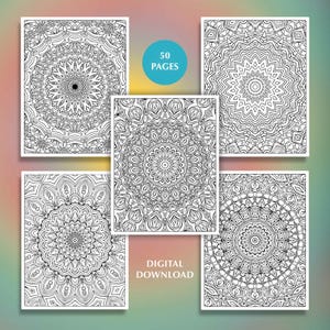 Puede incluir: Una colecci&oacute;n de cinco p&aacute;ginas para colorear rectangulares con intrincados patrones de mandala en blanco y negro. Un c&iacute;rculo verde azulado contiene el texto 50 PAGES, y el texto DIGITAL DOWNLOAD est&aacute; impreso en la parte inferior de la imagen.