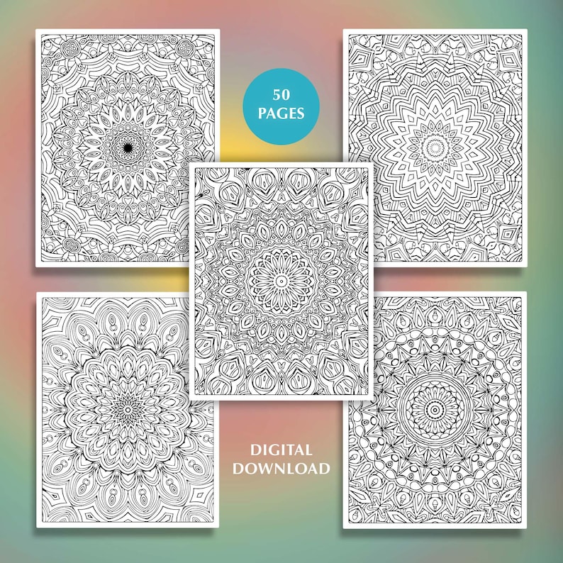 Puede incluir: Una colecci&oacute;n de cinco p&aacute;ginas para colorear rectangulares con intrincados patrones de mandala en blanco y negro. Un c&iacute;rculo verde azulado contiene el texto 50 PAGES, y el texto DIGITAL DOWNLOAD est&aacute; impreso en la parte inferior de la imagen.