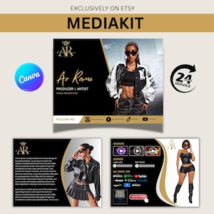 May include: A media kit design with a black and gold theme, featuring a woman in a jacket and sunglasses. The kit includes the text "MEDIAKIT", "Ar Ramo", and social media icons. The Canva logo and a "24 Service" icon are also present.