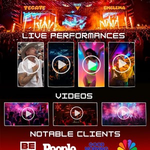 May include: A promotional image for a live music event, featuring a stage with the words "TECATE" and "EMBLEMA" displayed. The image includes video thumbnails and logos of notable clients like "People" and "NBC". Fireworks are visible in the background.