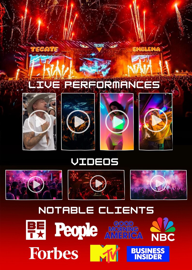 May include: A promotional image for a live music event, featuring a stage with the words "TECATE" and "EMBLEMA" displayed. The image includes video thumbnails and logos of notable clients like "People" and "NBC". Fireworks are visible in the background.