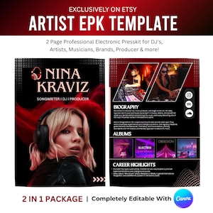 May include: A two-page artist EPK template for DJs, musicians, and producers. The design features a portrait of Nina Kraviz, a biography section, album covers, and career highlights. The template is completely editable with Canva.