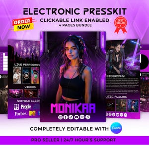 May include: Electronic press kit with a purple and black theme. The kit includes a photo of a woman wearing headphones, and pages with the text "Live Performance," "Videos," "Biography," and "Music Albums." The kit is completely editable with Canva.