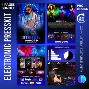 May include: A four-page electronic press kit template with a blue and purple gradient background. The kit includes sections for biography, music albums, demographics, and live performances. The artist's name, "BISDAK," is prominently displayed.