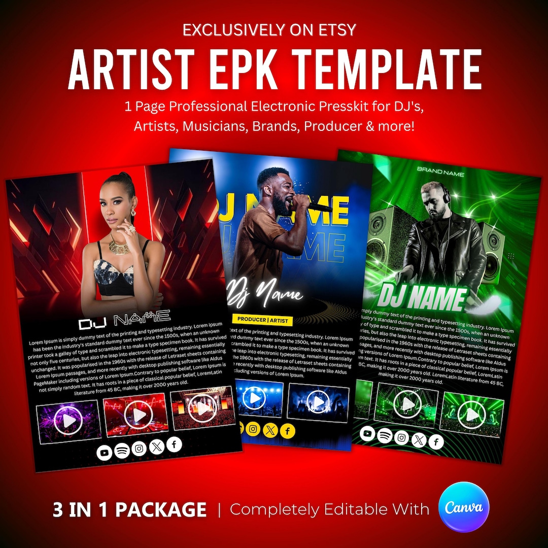 Editable EPK Template Bundle: DJ, Musician, Rap Artist (canva, 3-page ...