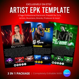 Editable EPK Template Bundle: DJ, Musician, Rap Artist (Canva, 3-Page, Digital Download)