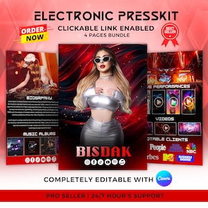 May include: An Electronic Presskit design with the text "ELECTRONIC PRESSKIT" and "CLICKABLE LINK ENABLED 4 PAGES BUNDLE". The design features a woman wearing sunglasses and a silver outfit. The text "BISDAK" is also visible.