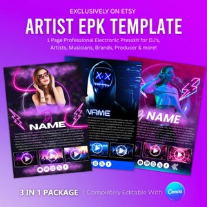 Editable EPK Template Bundle: DJ, Musician, Rap Artist (Canva, 3-Page, Digital Download)