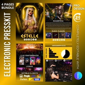 May include: A four-page electronic press kit template with a yellow and black color scheme. The kit includes sections for biography, music albums, live performances, and demographics. The cover features a photo of a woman with the name "ESTELLE".
