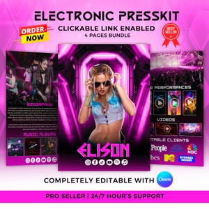 May include: Electronic press kit with a pink and purple theme. The design features a woman wearing headphones, the name "ELISON", and social media icons. Includes the text "CLICKABLE LINK ENABLED" and "4 PAGES BUNDLE".