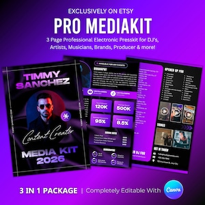 Editable Canva Media Kit Template for DJs, Musicians, Rappers (3 Pages)