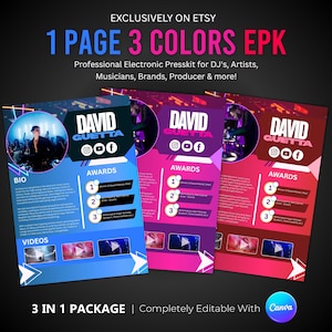 May include: A promotional graphic for a professional electronic press kit (EPK) for DJs, artists, and musicians. The design features three color variations: blue, purple, and red. Each EPK template includes sections for a bio, awards, and videos, with the text "DAVID GUETTA".