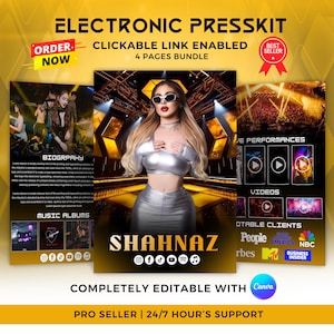 May include: An electronic press kit with a central image of a woman in silver attire, sunglasses, and the name "SHAHNAZ." The kit includes sections for biography, music albums, videos, and notable clients, with the text "CLICKABLE LINK ENABLED" and "4 PAGES BUNDLE."