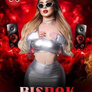 May include: A promotional image with a woman wearing sunglasses and a silver outfit, with the word "BISDAK" in red at the bottom. The background is red with flames and speakers on either side.