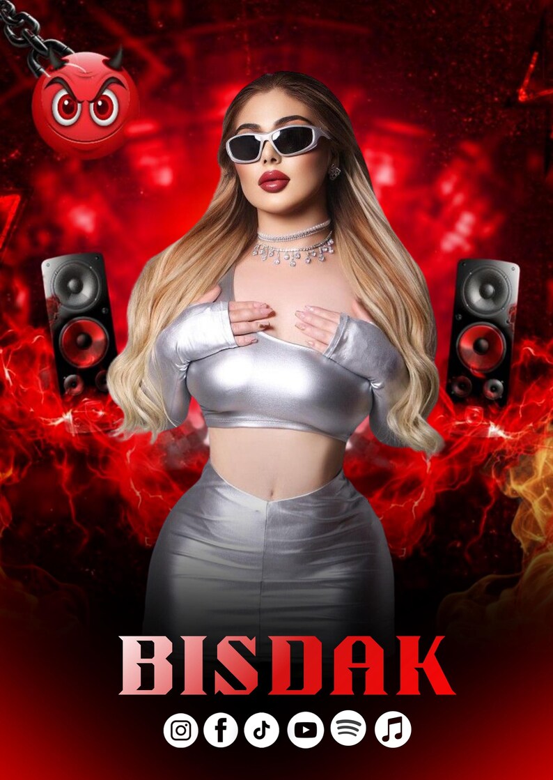May include: A promotional image with a woman wearing sunglasses and a silver outfit, with the word "BISDAK" in red at the bottom. The background is red with flames and speakers on either side.