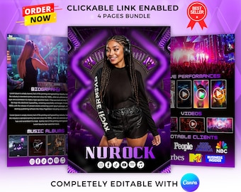 Editable DJ Artist Rap Musician EPK Template: Canva Electronic Press Kit (4 Page)