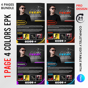 May include: A four-page EPK bundle with a black background and a photo of a man wearing sunglasses. The text includes "PAVILION MUSIC PRODUCER SONGWRITER I ARTIST", "BIOGRAPHY", and "ALBUMS". The design is available in four colors.
