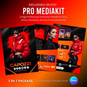 May include: A promotional graphic for a Pro MediaKit, featuring three pages with a red and black color scheme. The text includes "CAPOZZI MEDIAKIT 2026" and "3 IN 1 PACKAGE | Completely Editable With Canva". The graphic is designed for DJs, artists, musicians, brands, and producers.