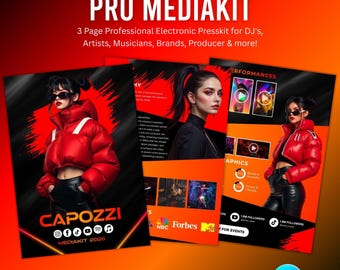Editable DJ Musician MediaKit Template: Canva Electronic Press Kit (3 Page)