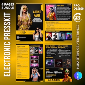 DJ/Musician Electronic Press Kit: EPK Canva Template (4 Page, Editable, Instant Download)
