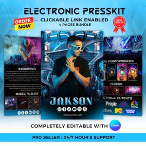 May include: An Electronic Presskit design with the text "ELECTRONIC PRESSKIT" and "CLICKABLE LINK ENABLED 4 PAGES BUNDLE". The design features a photo of a man wearing sunglasses, and includes sections for biography, music albums, and videos.