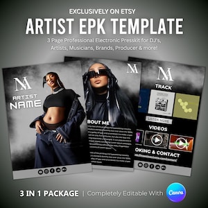 Editable Electronic Press Kit Templates: DJ, Musician, Influencer (Canva, 3-Page Bundle)