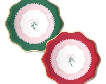 Christmas Coquette Bow Party Plates - Pink/Red/Green - Small Dessert Paper Plates - Coquette Aesthetic, Holiday Party Decor