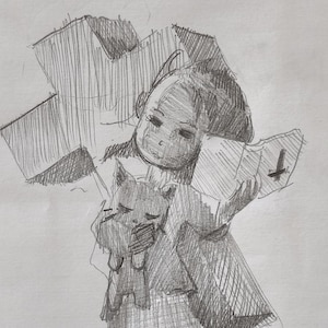May include: A pencil sketch depicting a doll-like figure clutching a toy and a book. The figure is dressed in a gown and head covering. A large cross shape is behind the figure. The drawing is on white paper.