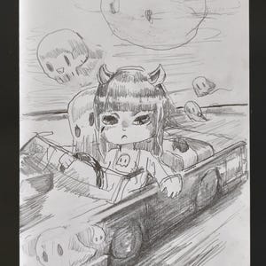 May include: A pencil sketch shows a person with horns driving a car, with ghost-like figures floating around. The driver wears a shirt with a skull emblem. The car is a simple, boxy design, and the background suggests motion.